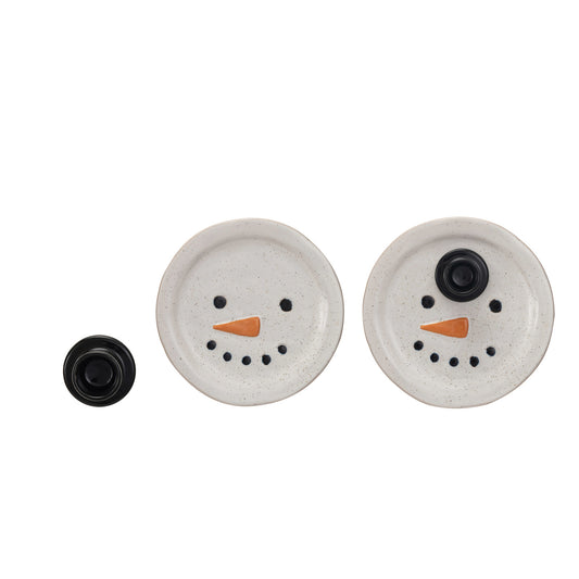 Embossed Stoneware Snowman Plate w/ Hat Toothpick Holder, Set of 2