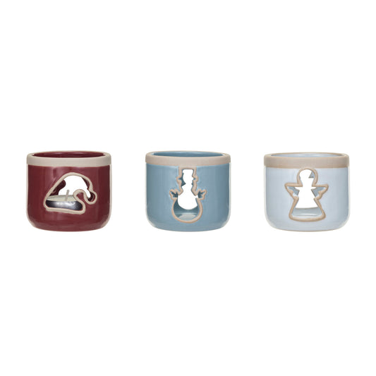 Stoneware Tealight Holder w/ Cut-Out, 3 Colors, 3 Styles (Each One Will Vary)