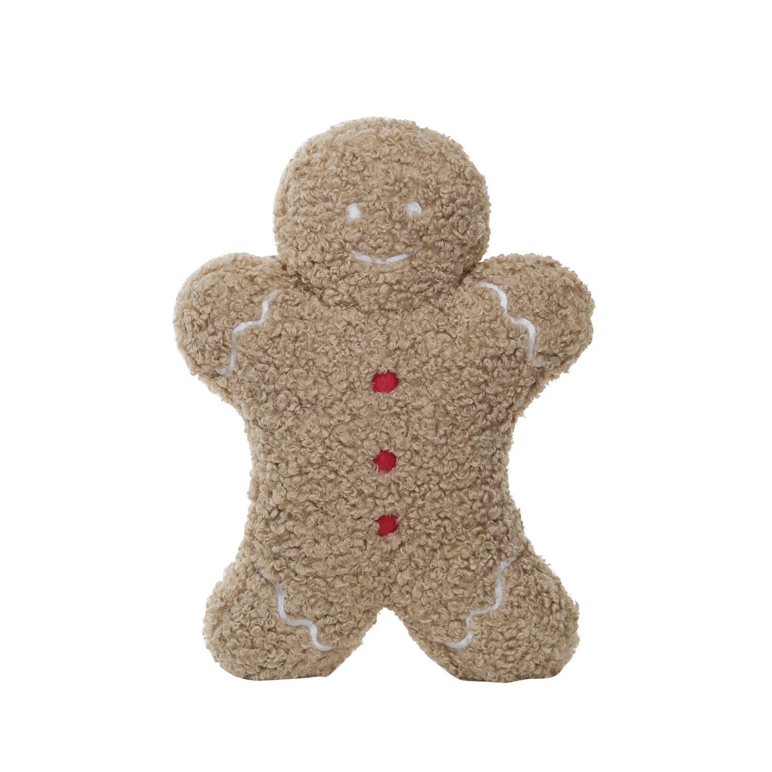 14-1/2"L x 10-1/2"H Fabric Bouclé Gingerbread Man Shaped Pillow, Brown, Red & White