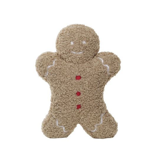 14-1/2"L x 10-1/2"H Fabric Bouclé Gingerbread Man Shaped Pillow, Brown, Red & White