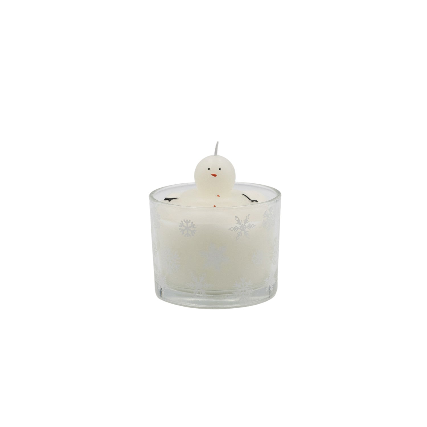 Unscented Melting Snowman Candle In Glass Vessel with Snowflakes, White