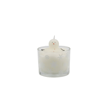 Unscented Melting Snowman Candle In Glass Vessel with Snowflakes, White