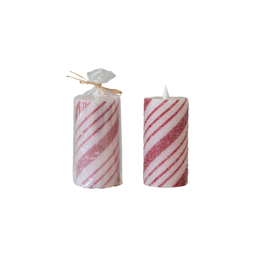 Flameless LED Pillar Candle with Candy Cane Stripes & 6 Hour Timer