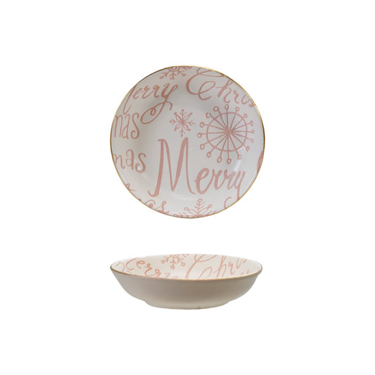 Stoneware Dish with Gold Color Rim "Merry Christmas", Pink & White