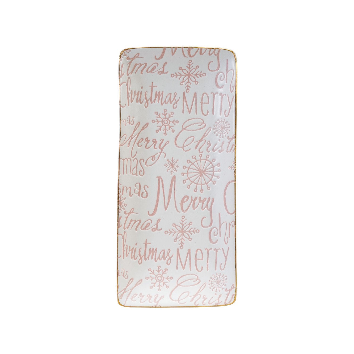 Stoneware Tray with Gold Color Rim "Merry Christmas", Pink & White