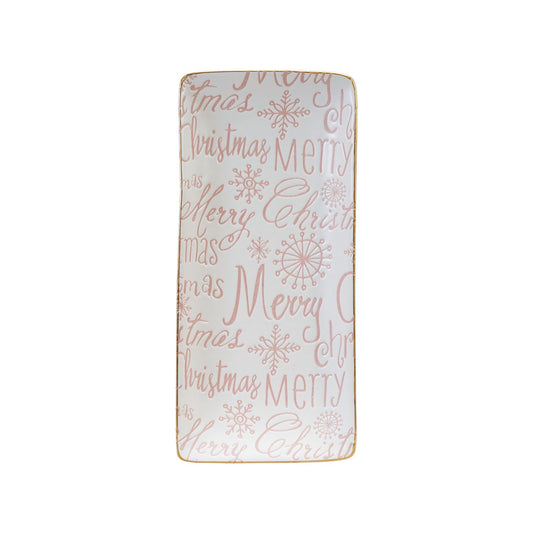 Stoneware Tray with Gold Color Rim "Merry Christmas", Pink & White