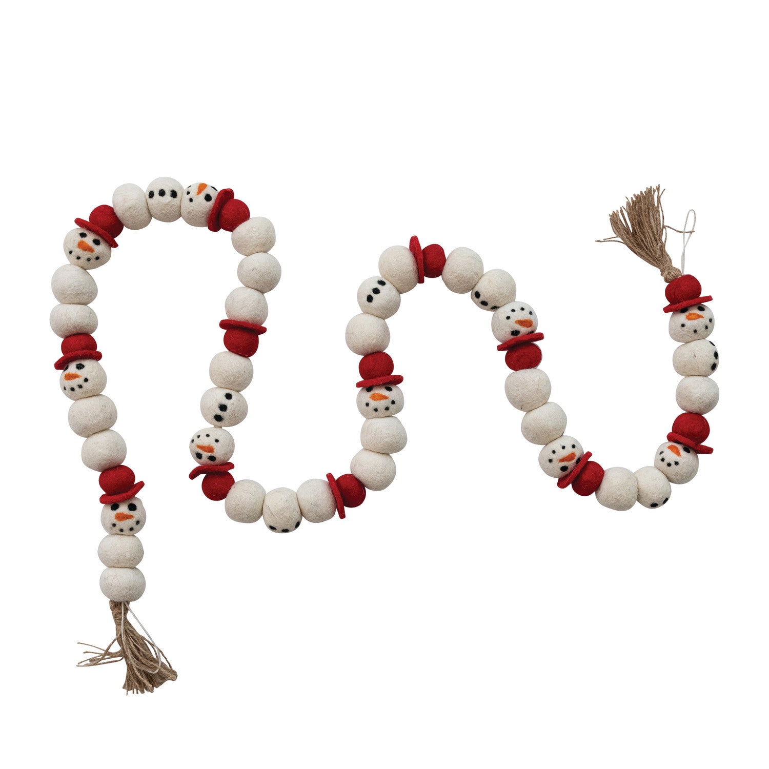 72"L x 1-1/2"H Handmade Wool Felt Snowman Garland with Jute Tassels