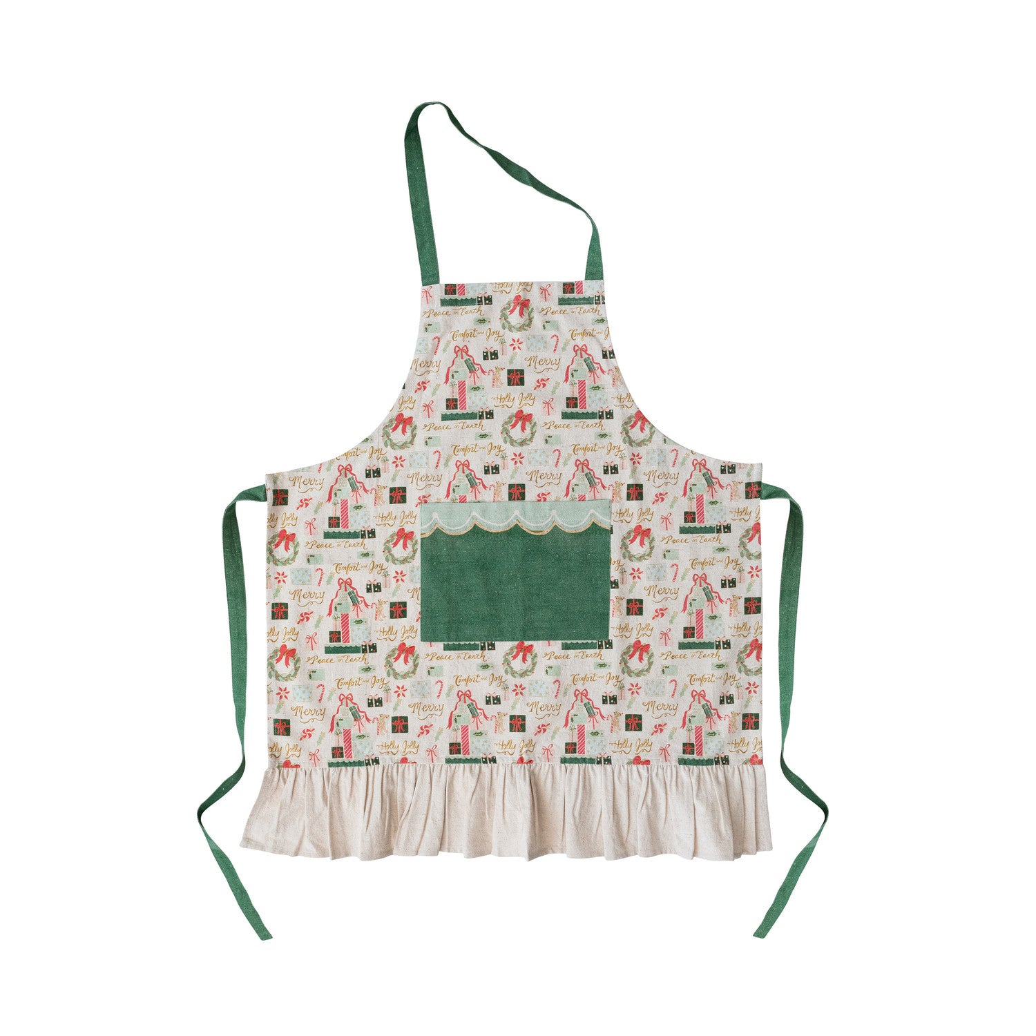Cotton Slub Printed Apron with Holiday Pattern, Pocket & Ruffle ©