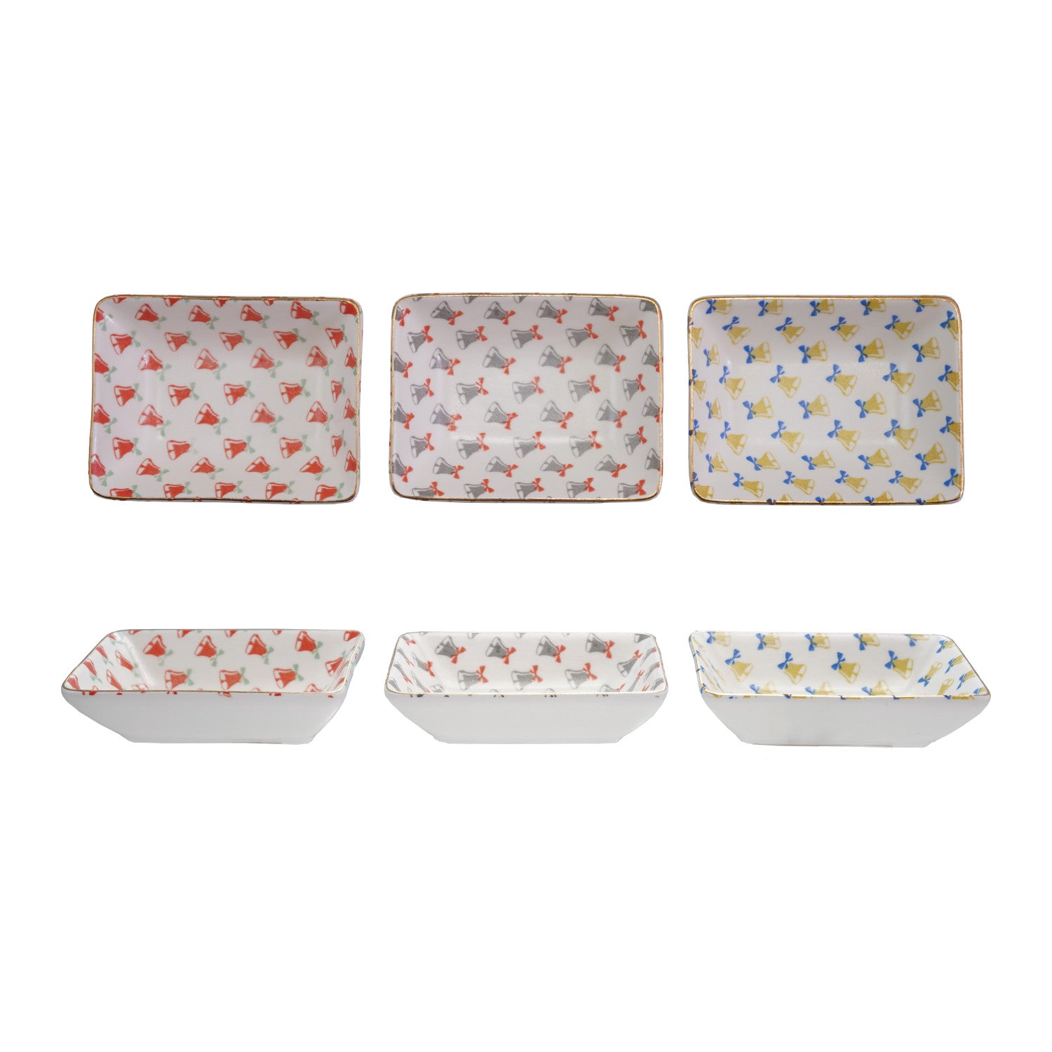 Stoneware Dish with Bell Pattern & Gold Color Rim, 3 Styles
