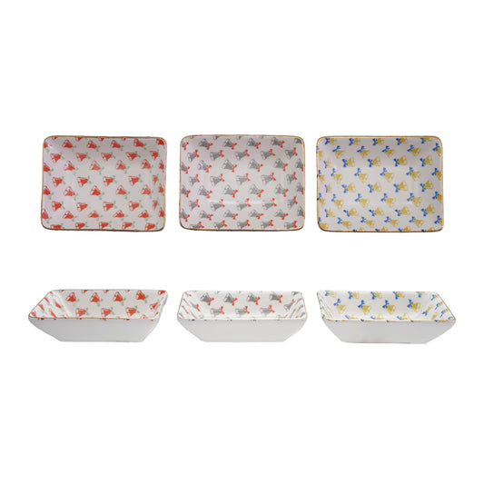 Stoneware Dish with Bell Pattern & Gold Color Rim, 3 Styles