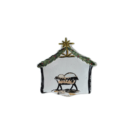 6"L Stoneware Baby Jesus in a Manger Shaped Dish, Multi Color