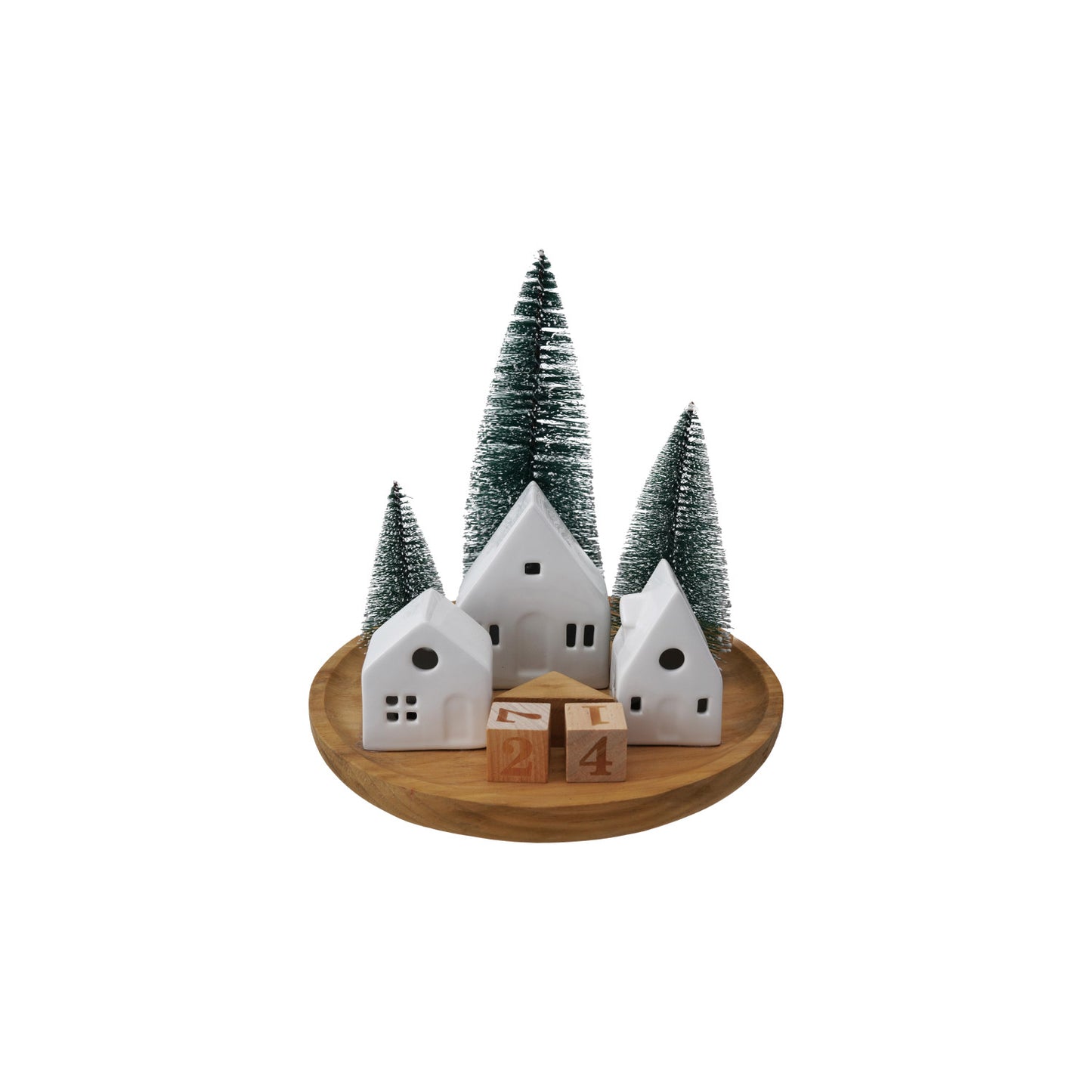 Stoneware Houses & Bottle Brush Trees with LED Light & Wood Base