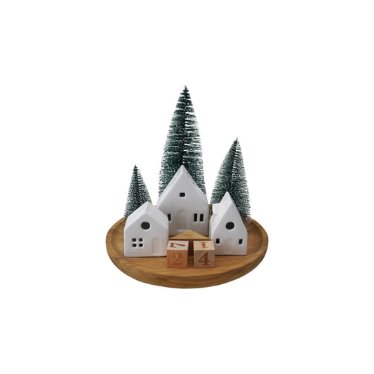 Stoneware Houses & Bottle Brush Trees with LED Light & Wood Base