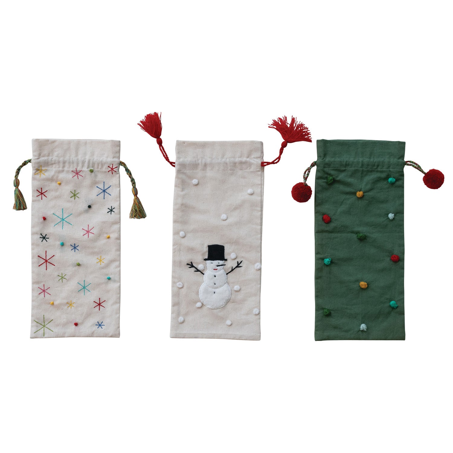 Hand-Embroidered Drawstring Wine Bag with Tassels/Pom Poms, 3 Styles