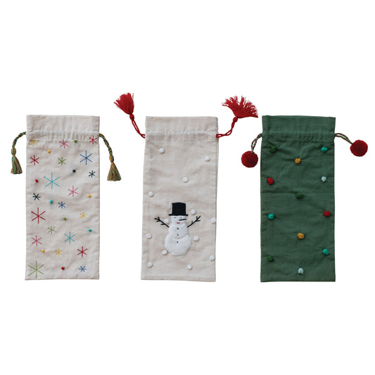 Hand-Embroidered Drawstring Wine Bag with Tassels/Pom Poms, 3 Styles