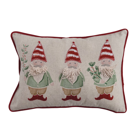 Cotton & Linen Printed Lumbar Pillow with Embroidered Gnomes ©