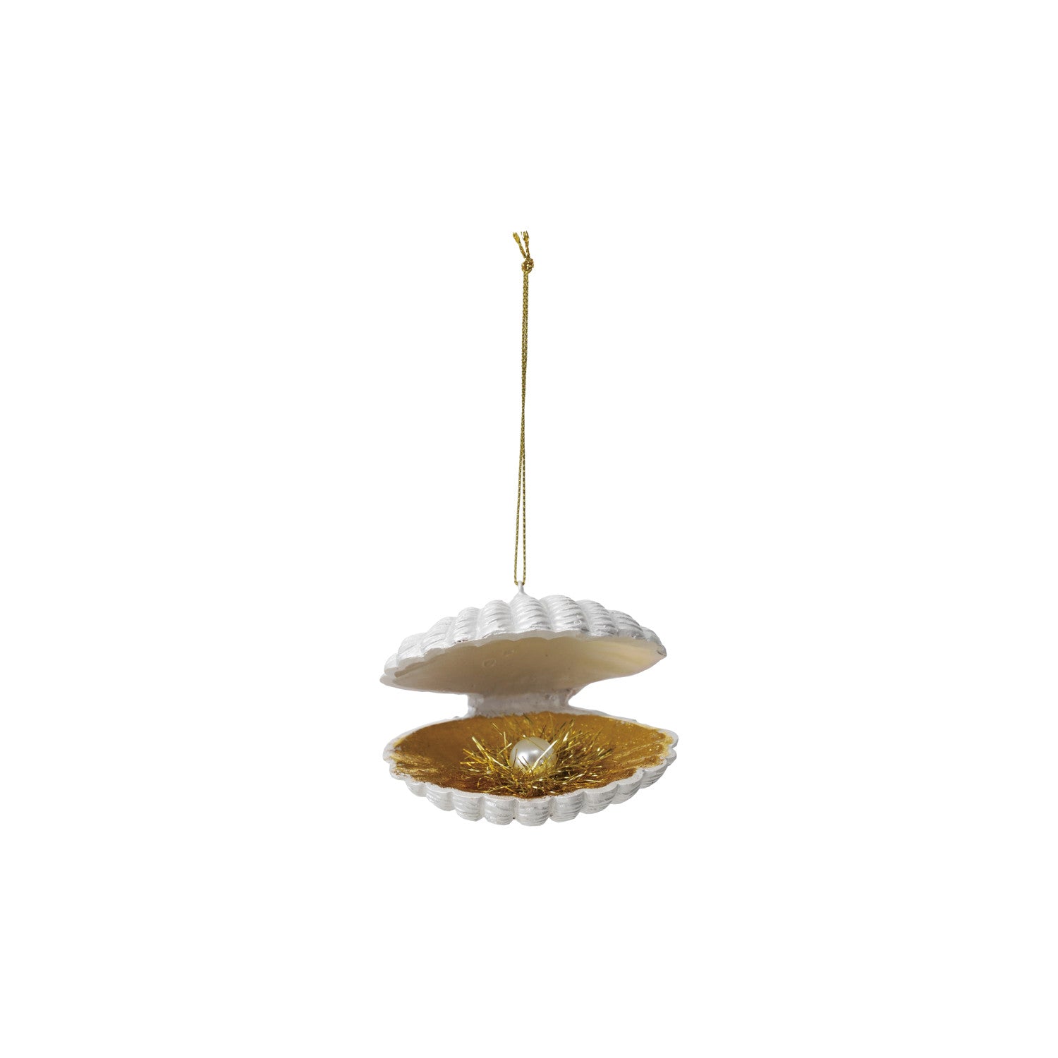 Resin Clam Ornament with Faux Pearl & Tinsel, Gold Finish & White