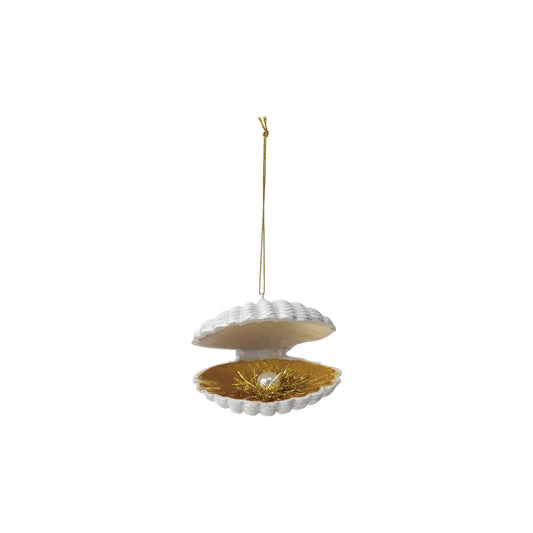 Resin Clam Ornament with Faux Pearl & Tinsel, Gold Finish & White