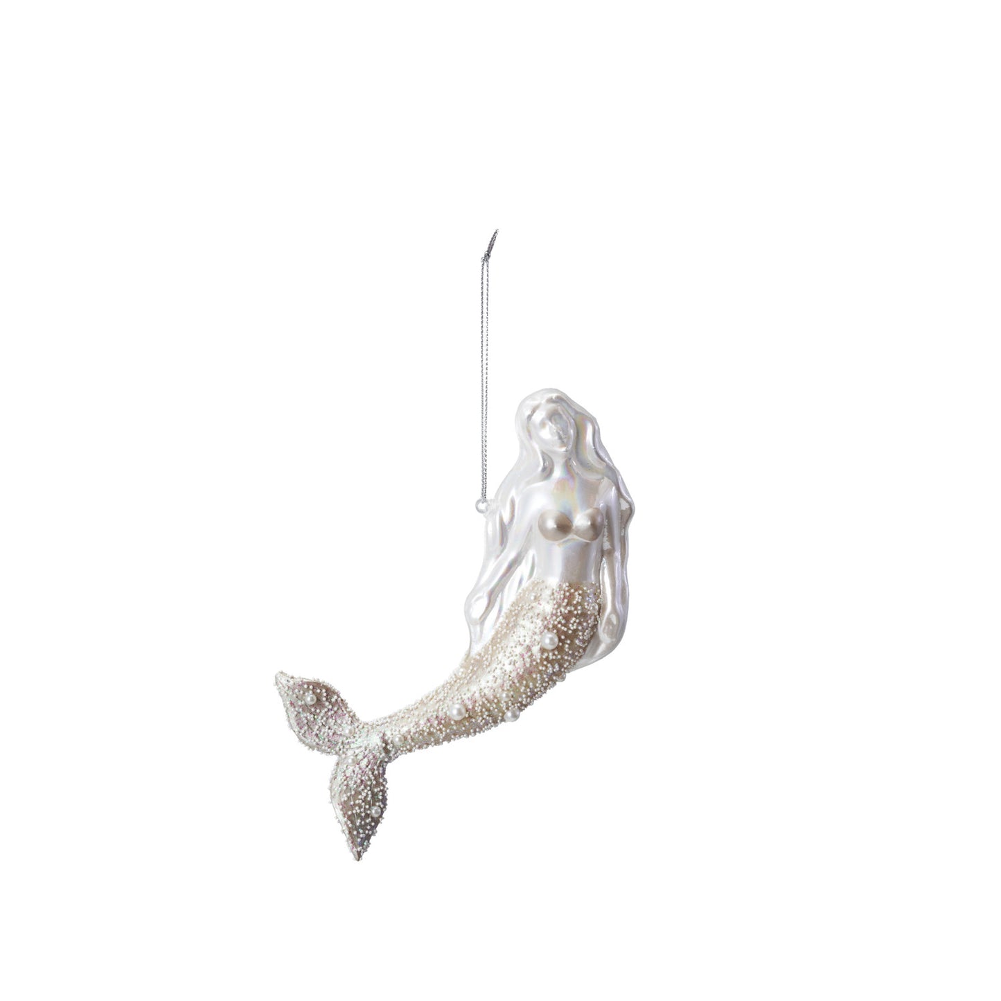 7"L Glass Mermaid Ornament with Glitter & Faux Pearls, White