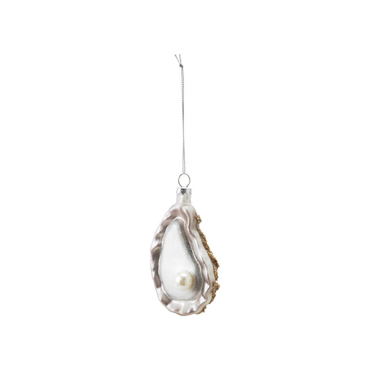 Glass Oyster Shell Ornament with Glitter & Faux Pearl