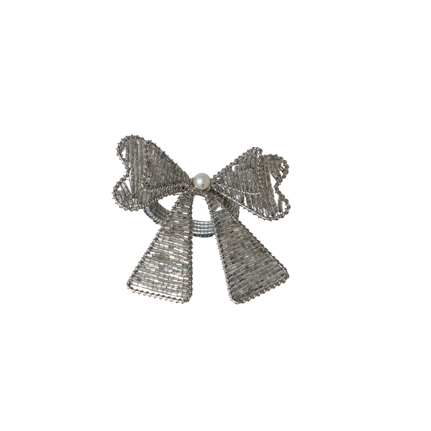 Handmade Metal & Glass Beaded Bow Napkin Rings, Set of 4 Tied with Silver Cord