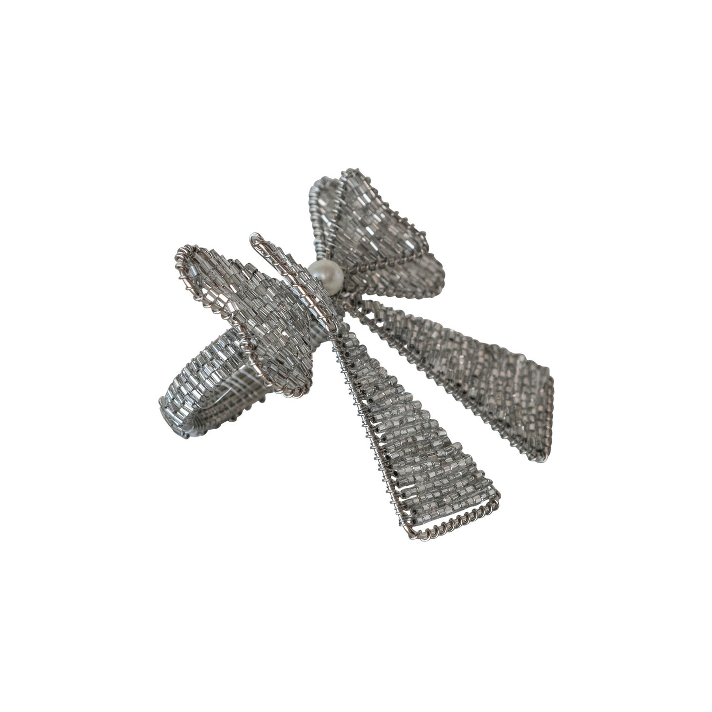 Handmade Metal & Glass Beaded Bow Napkin Rings, Set of 4 Tied with Silver Cord