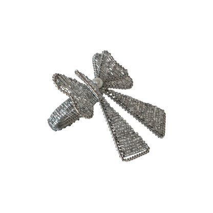 Handmade Metal & Glass Beaded Bow Napkin Rings, Set of 4 Tied with Silver Cord