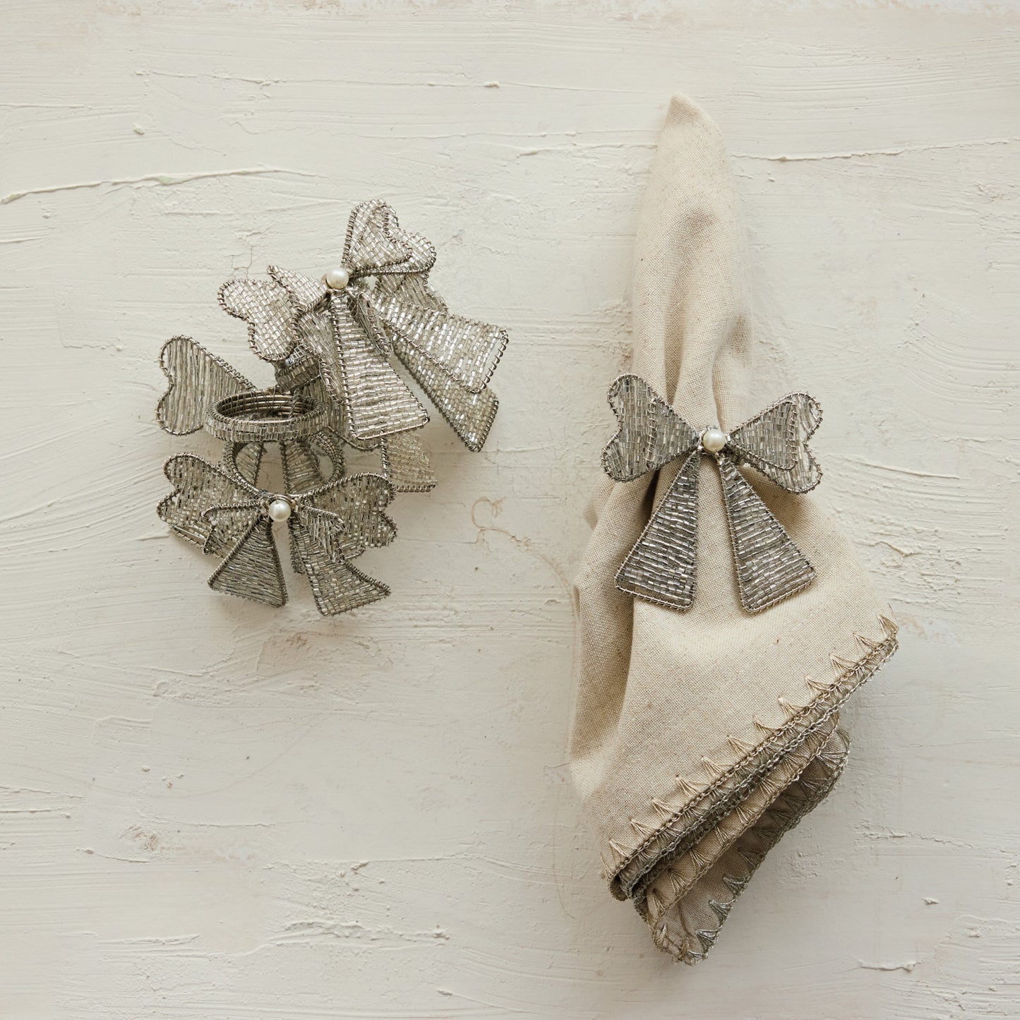 Handmade Metal & Glass Beaded Bow Napkin Rings, Set of 4 Tied with Silver Cord
