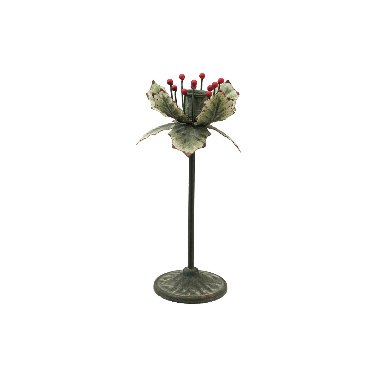 Painted Metal Holly Leaf Shaped Taper Holder, Green & Red