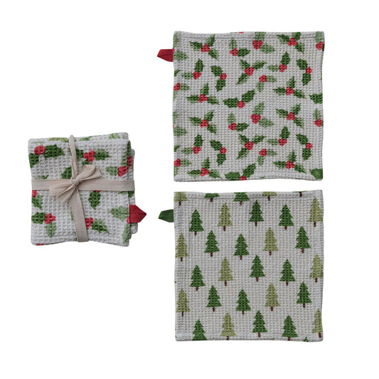 Cotton Printed Waffle Weave Dish Cloths, Set of 2 Tied with Cotton Tape
