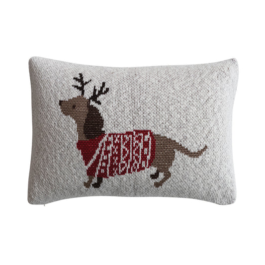 Cotton Knit Lumbar Pillow with Daschund in Antlers & Sweater, Natural, Red & Brown