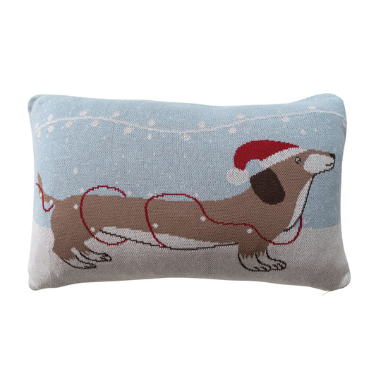 Cotton Knit Lumbar Pillow with Daschund in Hat & Lights