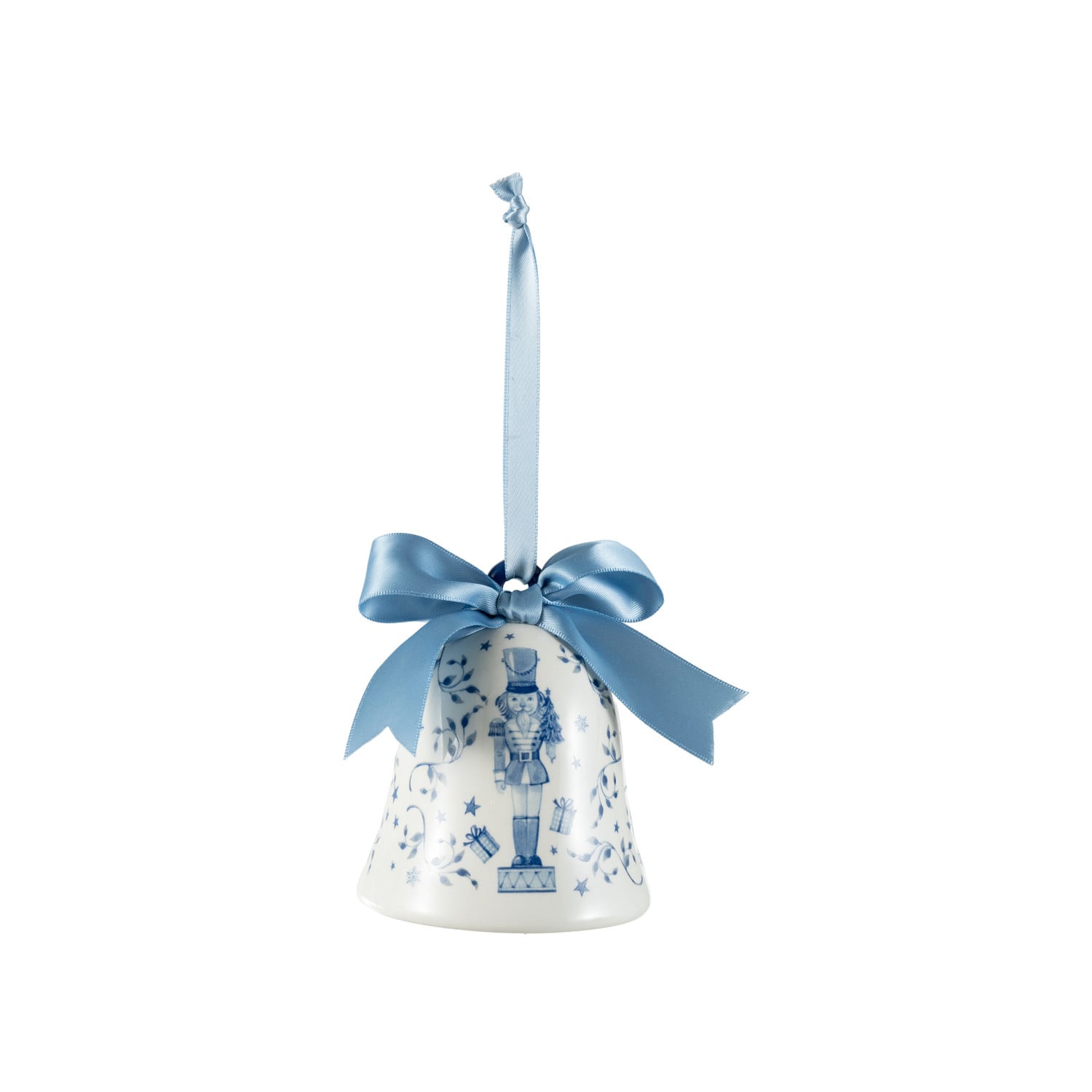 Ceramic Bell Ornament with Nutcracker & Bow, White & Blue