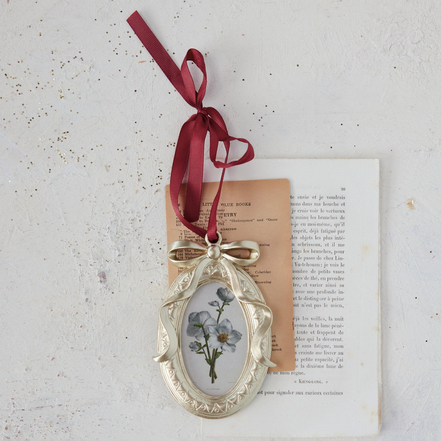 Resin Photo Frame Ornament with Bow & Burgundy Grosgrain Ribbon Hanger (Holds 2" x 3" Photo)