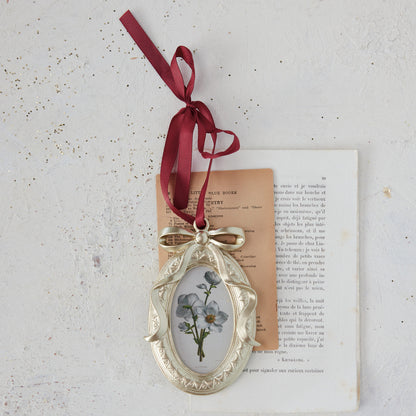 Resin Photo Frame Ornament with Bow & Burgundy Grosgrain Ribbon Hanger (Holds 2" x 3" Photo)