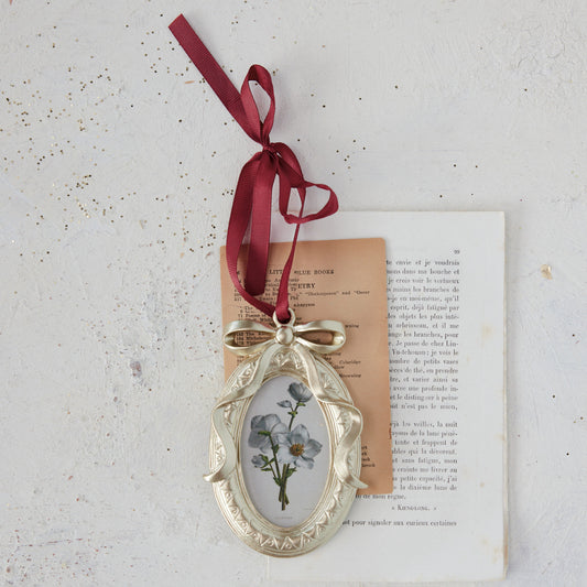 Resin Photo Frame Ornament with Bow & Burgundy Grosgrain Ribbon Hanger (Holds 2" x 3" Photo)