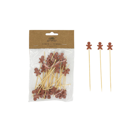 Bamboo Single Use Picks w/ Gingerbread Man Shaped Handles, Natural & Brown, Set of 50