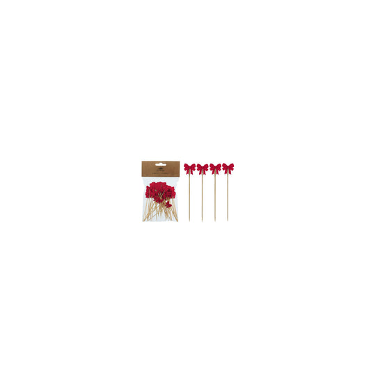 Bamboo Single Use Picks w/ Bow Shaped Handles, Natural & Red, Set of 50