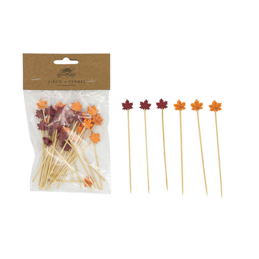 Bamboo Single Use Picks w/ Leaf Shaped Handles, Natural, Red & Orange Color, Set of 50