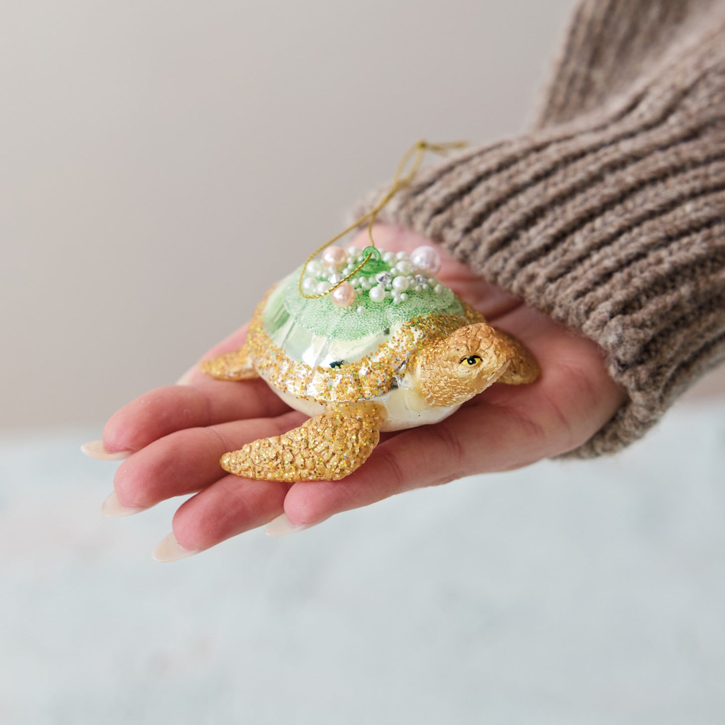 Hand-Painted Glass Sea Turtle Ornament with Faux Pearls, Gold Glitter & Beads, White & Green