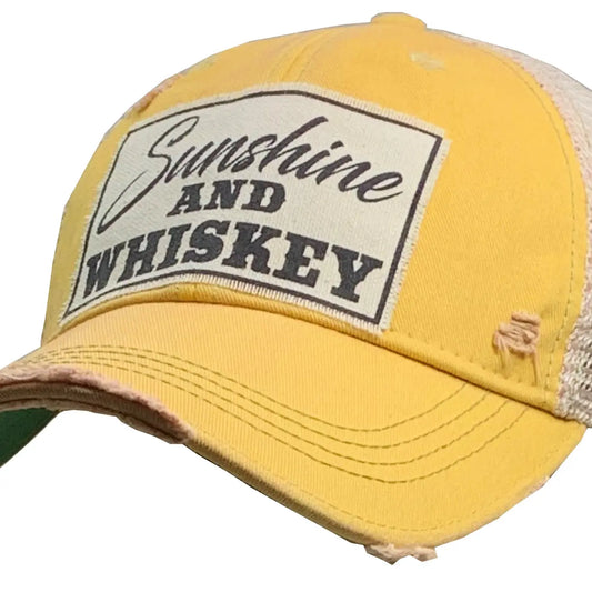 Yellow Sunshine & Whiskey Distressed Trucker Hat